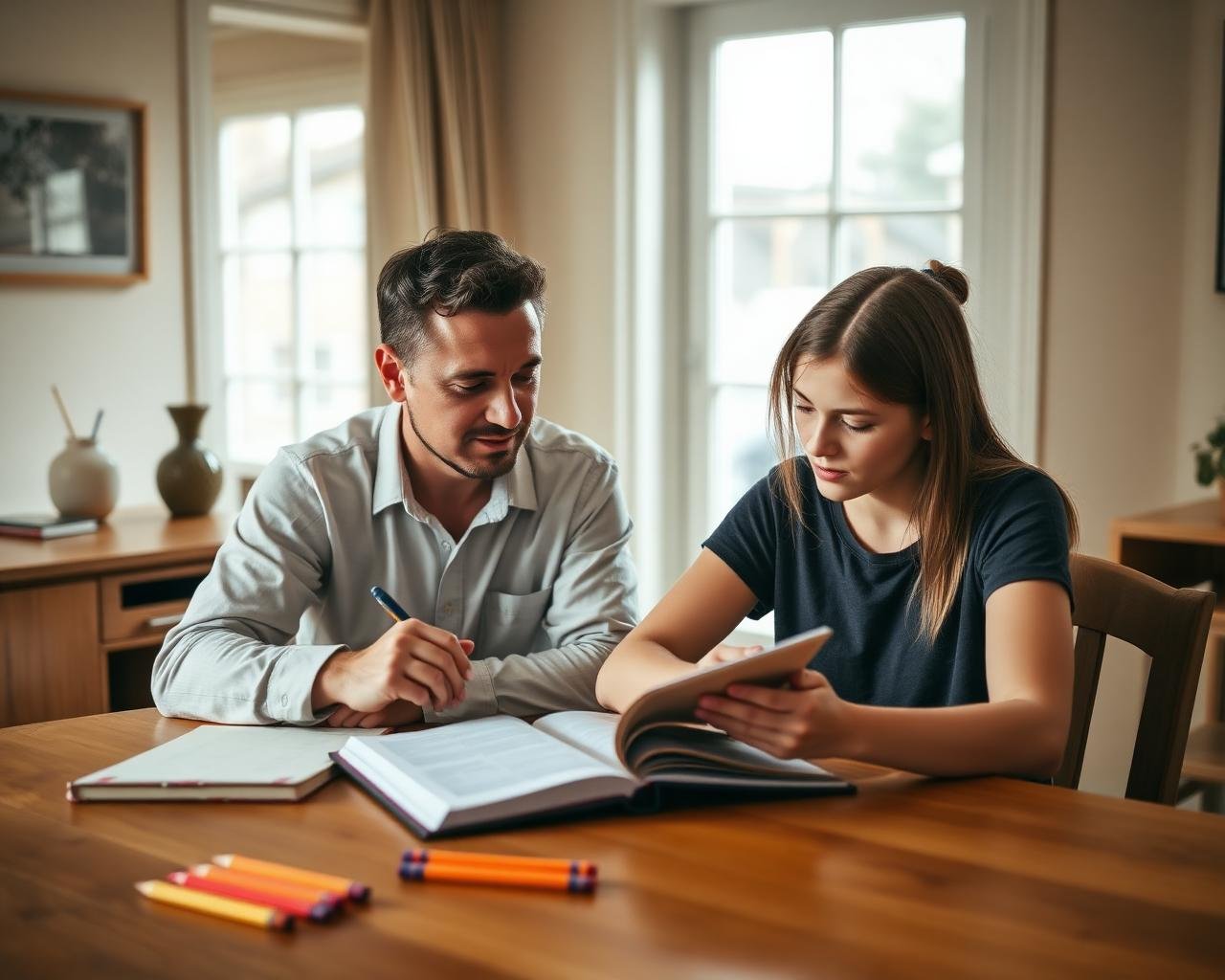 A tutor and a student working through a textbook together at a home dining table.