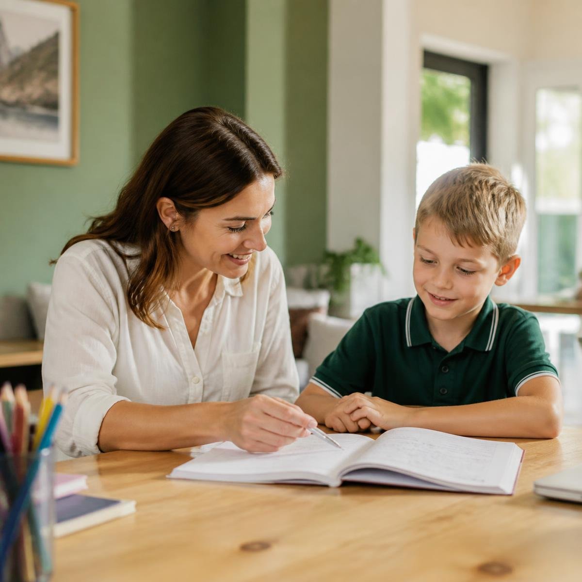 A tutor working through an exercise book with a primary school student at a kitchen table